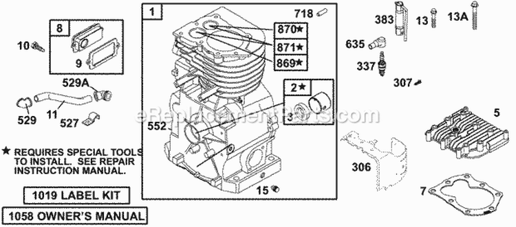 Cylinder Group Diagram and Parts List for 134202-1114-E1  Briggs and Stratton Engine